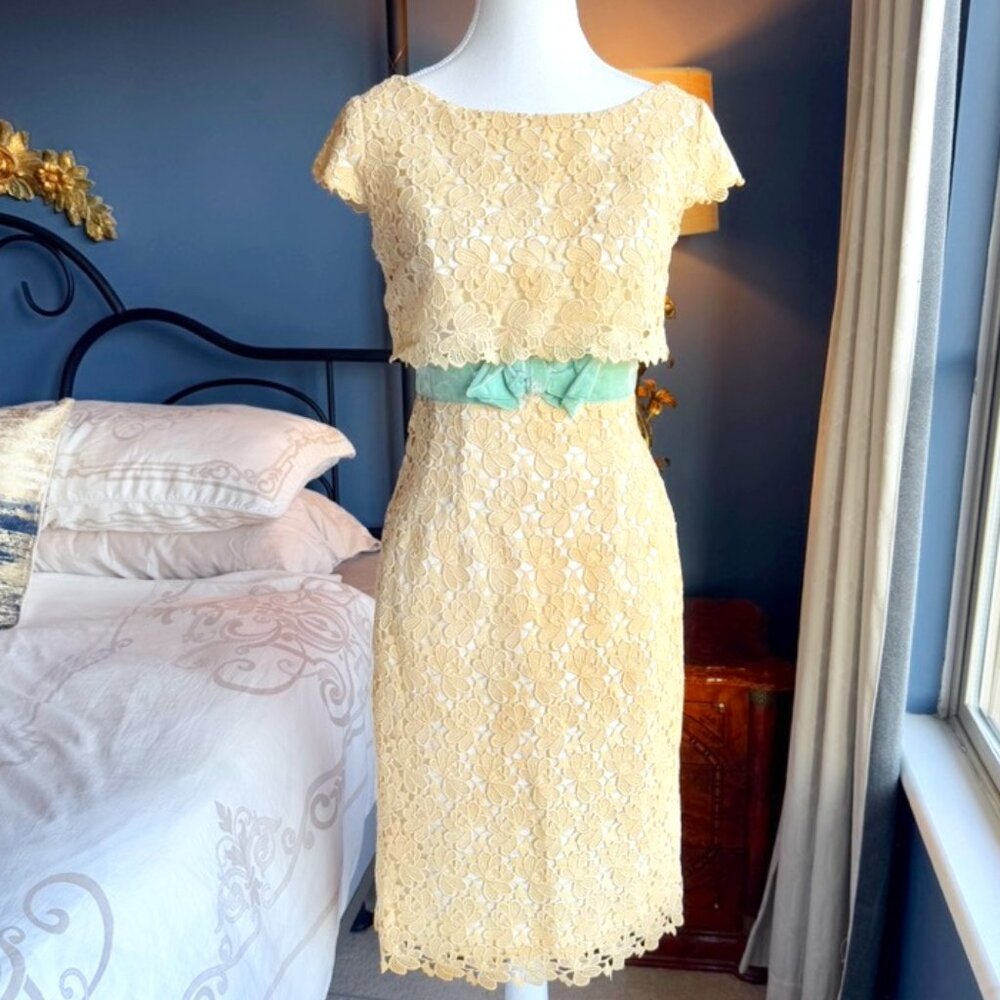 Vintage 1950s Daymor Originals Cream Lace Wiggle Dress w Robins Egg Velvet Bow
